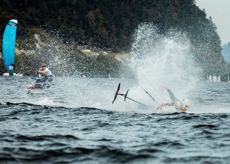 Despite this heavy crash, Ellie Aldridge (GBR) sailed excellently to finish the series in 1st overall, going straight through to the Finals. - Formula Kite Mixed Team Relay European Championships, Day 4 - photo © IKA / Alex Schwarz