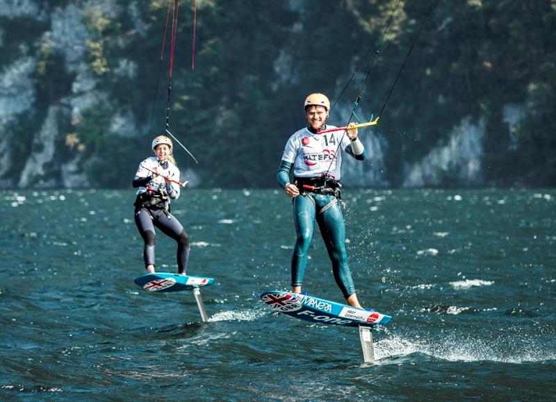 Ellie Aldridge (left) and Connor Bainbridge were stoked to win the event overall - Formula Kite Mixed Team Relay European Championships, final day - photo © IKA / Alex Schwarz