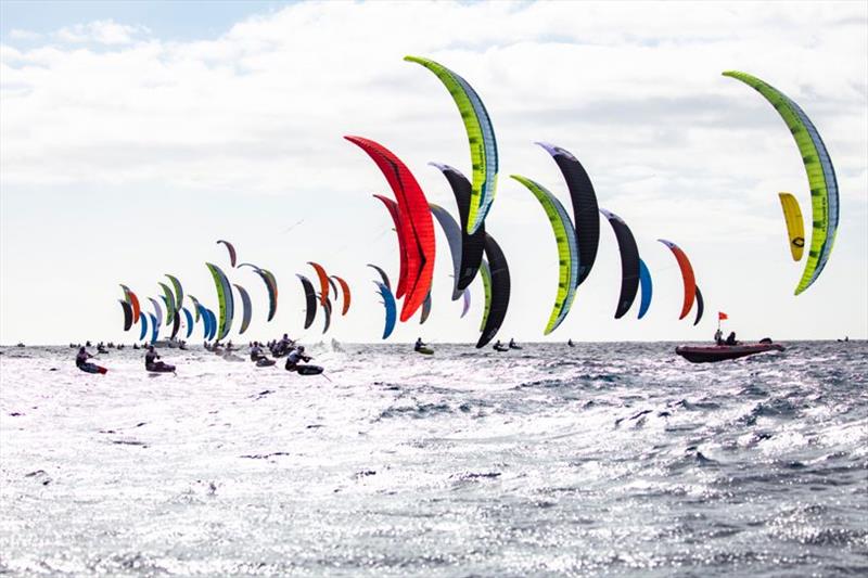 It is rare that so many riders start on the same start line, but today saw some of the best starts in a long time - 2020 Gran Canaria KiteFoil Open European Championships, Day 1 photo copyright IKA / Alex Schwarz taken at  and featuring the Kiteboarding class
