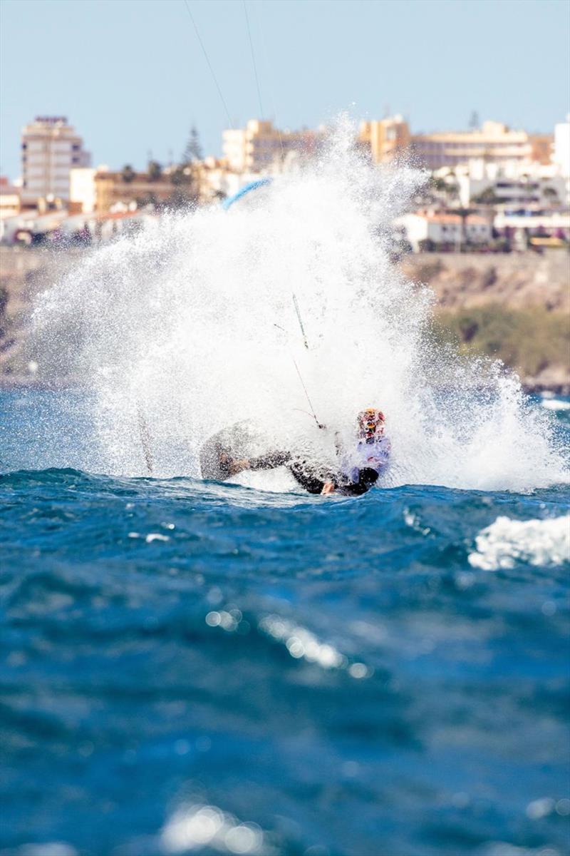 Crashes like this look gnarly, but are part of the game - 2020 Gran Canaria KiteFoil Open European Championships, Day 1 photo copyright IKA / Alex Schwarz taken at  and featuring the Kiteboarding class