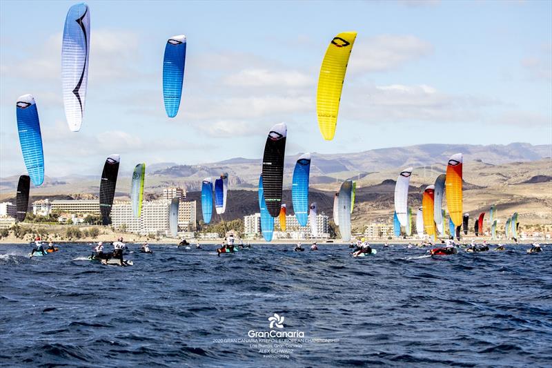 Marcus Edegran (USA, Nr 38 yellow kite) put on some pressure today - 2020 Gran Canaria KiteFoil Open European Championships photo copyright IKA Media / Alex Schwarz taken at  and featuring the Kiteboarding class