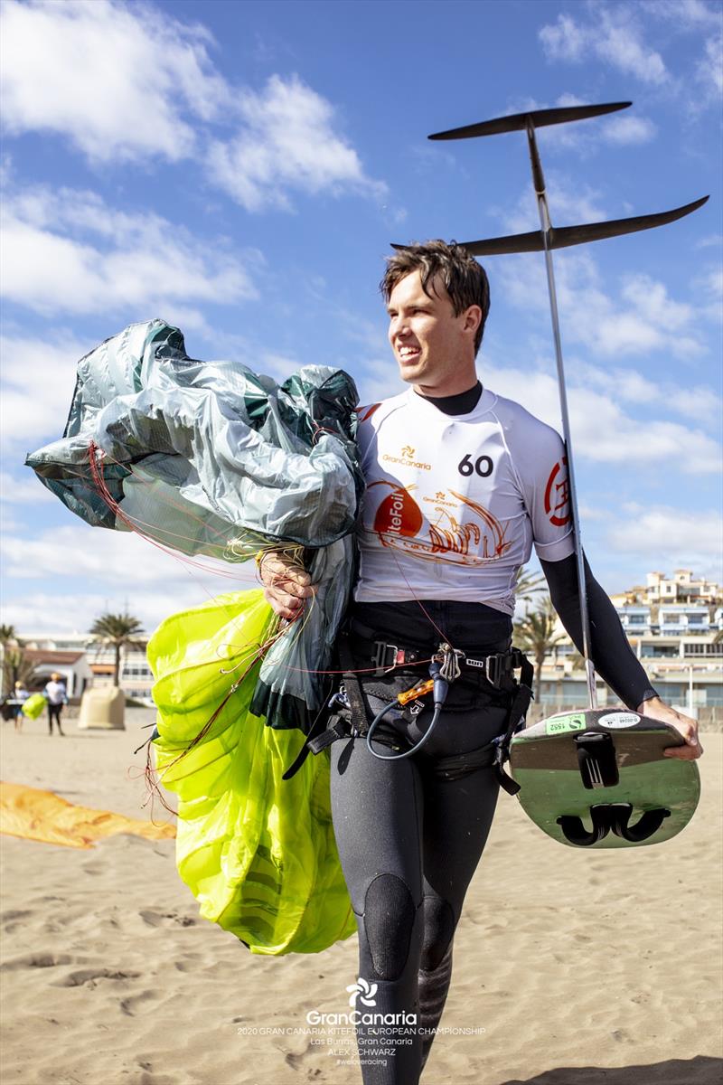 Guy Bridge (GBR) scored his first race win of the event today, before equipment damage hampered him later in the day - 2020 Gran Canaria KiteFoil Open European Championships photo copyright IKA Media / Alex Schwarz taken at  and featuring the Kiteboarding class