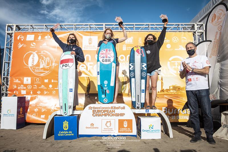 Womens' podium (left to right): 2nd-Julia Damasiewicz (POL), 1st-Ellie Aldridge (GBR), 3rd-Gisela Pulido (ESP) - 2020 Gran Canaria KiteFoil Open European Championships photo copyright IKA Media / Alex Schwarz taken at  and featuring the Kiteboarding class