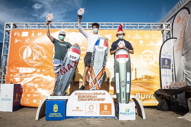 Under 19s' podium (left to right): 2nd-Maximilian Maeder (SIN), 1st-Arthur Lhez (FRA), 3rd-Jakub Jurkowski (POL) - 2020 Gran Canaria KiteFoil Open European Championships photo copyright IKA Media / Alex Schwarz taken at  and featuring the Kiteboarding class