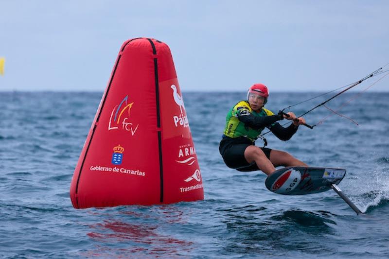 Max Maeder, rounding the leeward mark and leading the event - 2021 KiteFoil World Series Fuerteventura, Day 3 - photo © IKA Media / Sailing Energy