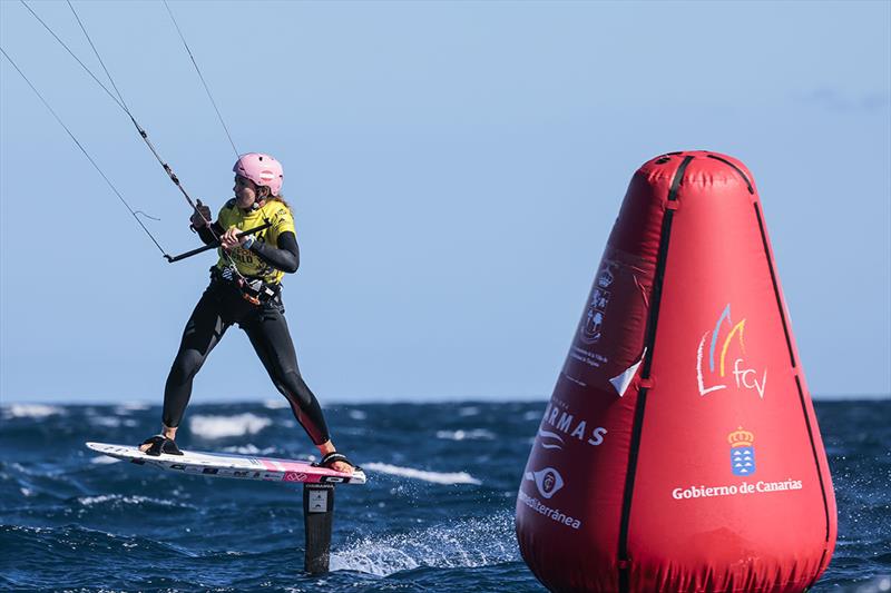 2021 Kitefoil World Series Gran Canaria - Alina Kornelli on the frenetic reach to the finish photo copyright IKA Media / Sailing Energy taken at  and featuring the Kiteboarding class