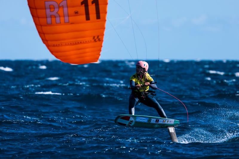 Poema Newland of France leads the women's fleet - 2021 KiteFoil World Series Gran Canaria - Day 2 photo copyright IKA Media / Sailing Energy taken at  and featuring the Kiteboarding class