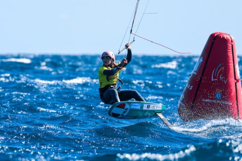 Poema Newland of France leads the women's fleet - 2021 KiteFoil World Series Gran Canaria, Day 3 photo copyright IKA Media / Sailing Energy taken at  and featuring the Kiteboarding class