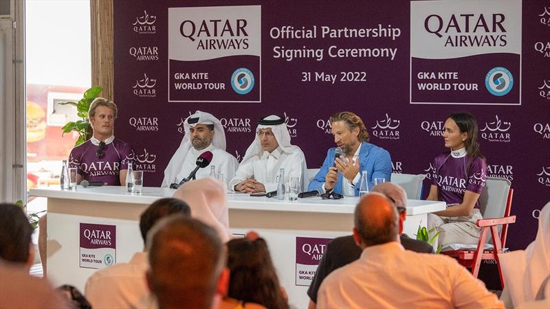 (L to R) James Carew, Engr. Badr Al Meer, His Excellency Mr. Akbar Al Baker, Dr. Jorgen Vogt and Bruna Kajiya. Bruna and James also answered questions from the press about their careers as professional athletes and their opinion on the spot. - photo © Ricardo Pinto