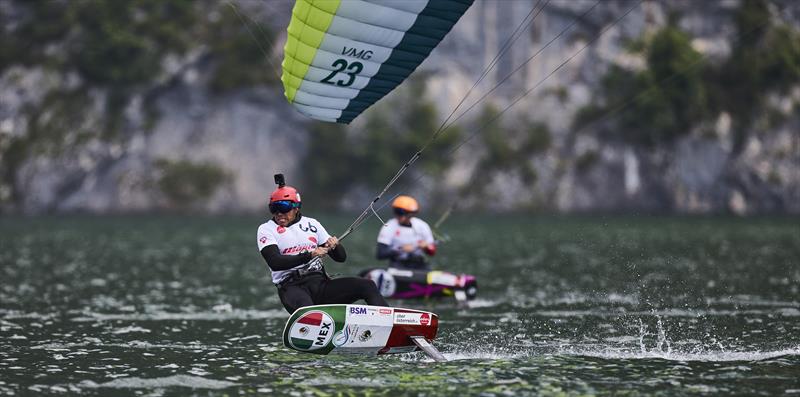 Xantos Villegas (MEX) challenged by the light winds - 2022 KiteFoil World Series Traunsee, Day 2 photo copyright IKA Media / Robert Hajduk taken at  and featuring the Kiteboarding class