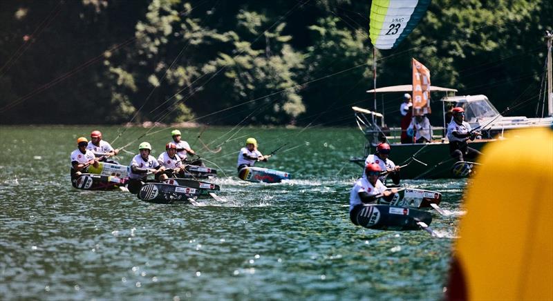 Men's fleet at full bore out of the start line - 2022 KiteFoil World Series Traunsee, Day 3 - photo © IKA Media / Robert Hajduk