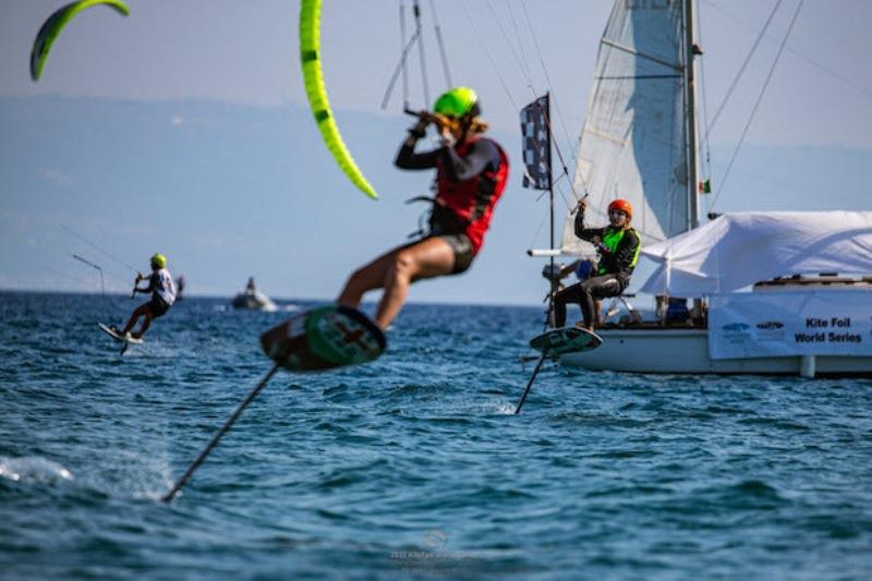 Ellie Aldridge leads Poema Newland across the finish - 2022 KiteFoil World Series Gizzeria day 2 - photo © IKA Media / Martina Orsini