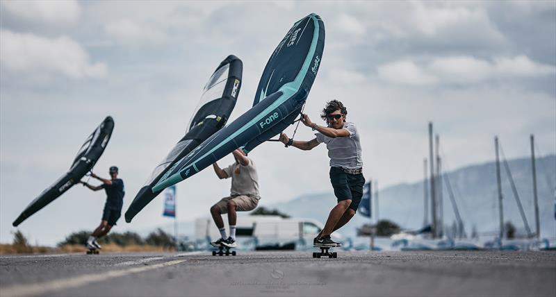 Vasilis Livas winning a skate-wing race in the car park - 2022 Lepanto Formula Kite European Championships in Greece, Day 1 photo copyright Robert Hajduk / IKA media taken at  and featuring the Kiteboarding class