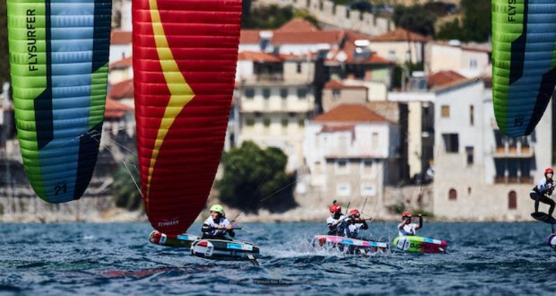 High-speed out of the start - 2022 Lepanto Formula Kite European Championships in Greece, Day 2 photo copyright Robert Hajduk / IKA media taken at  and featuring the Kiteboarding class