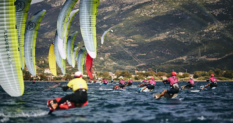 Max Maeder in his yellow bib, on the charge out of the start - 2022 Lepanto Formula Kite European Championships photo copyright Robert Hajduk / IKA media taken at  and featuring the Kiteboarding class