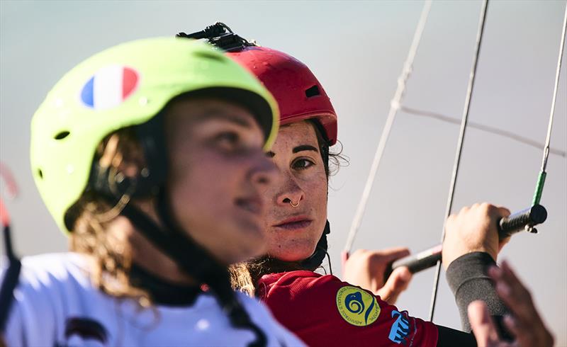 Pulido (right) in determined protest mood against Newland (left) - 2022 Lepanto Formula Kite European Championships photo copyright Robert Hajduk / IKA media taken at  and featuring the Kiteboarding class