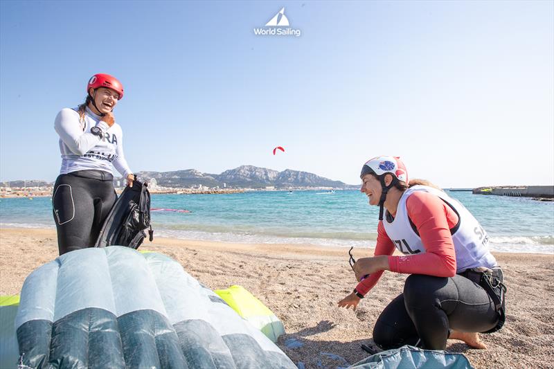 Overall Leader Lauriane (FRA) with Justina Kitchen (NZL) - Womens Kiteboarding - Paris 2024 Olympic Test Event - Day 2 - July 10, 2023 - photo © Sander van der Borch / World Sailing