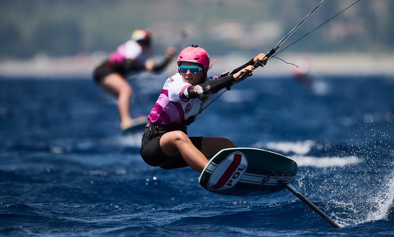 Polish rider Magda Woyciechoska leading the women's fleet - 2023 Formula Kite Youth World Championships Gizzeria, day 1 - photo © IKA Media / Robert Hajduk