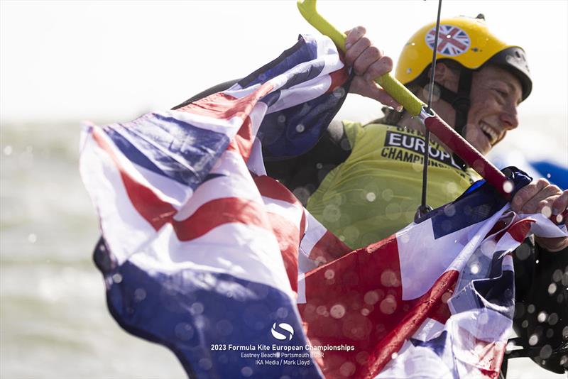 Ellie Aldridge celebrates victory on home waters - 2023 Formula Kite European Championships  photo copyright IKA media / Mark Lloyd taken at  and featuring the Kiteboarding class