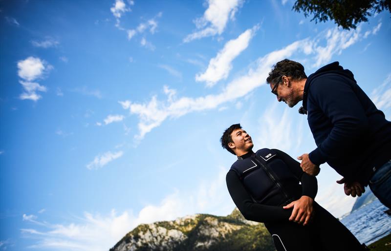 Max Maeder (left) tells Andy Rice about his Asian Games victory - 2023 KiteFoil World Series Austria photo copyright IKA Media / Robert Hajduk taken at  and featuring the Kiteboarding class