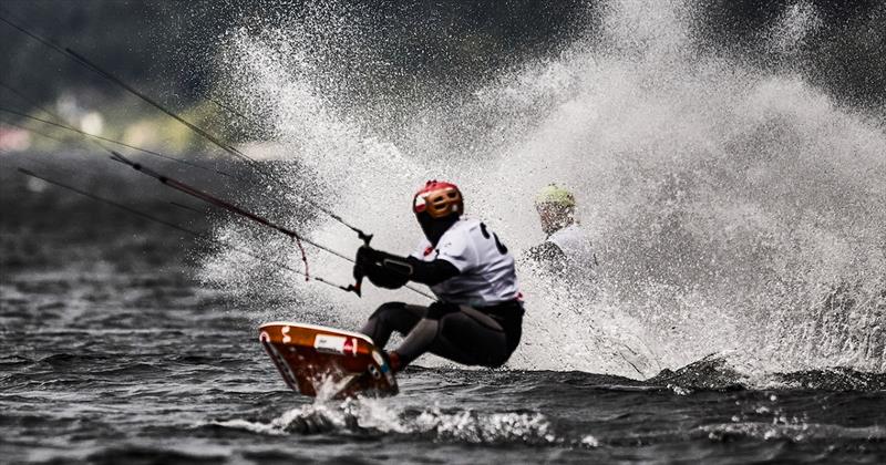 2023 KiteFoil World Series Austria - Jannis Maus suffers a crash alongside Jan Koszowski photo copyright IKA Media / Robert Hajduk taken at  and featuring the Kiteboarding class