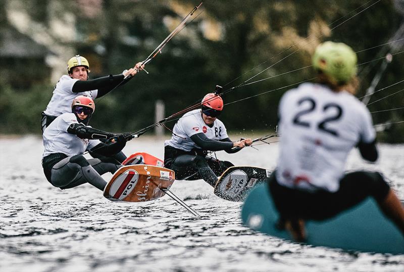 2023 KiteFoil World Series Austria - Jannis Maus (No.22) pulls off a daring port-tack start - photo © IKA Media / Robert Hajduk