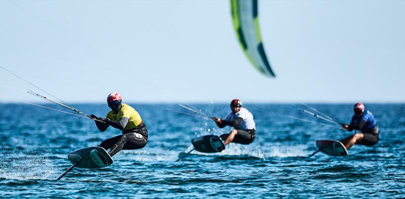 Max Maeder in yellow leading Max Nocher and Lorenzo Boschetti (blue) - 2023 Kitefoil World Series - photo © IKA Media / Robert Hajduk