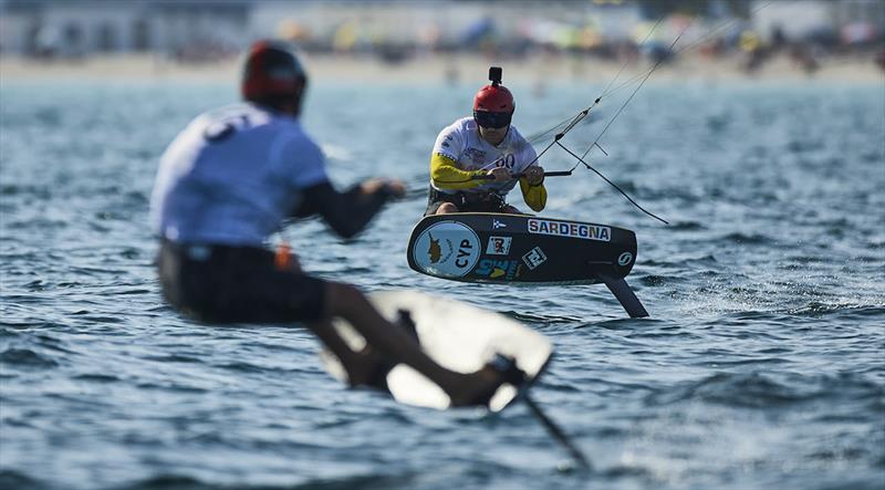 2023 Kitefoil World Series - Denis Taradin (right) punched his way from 9th up to bronze photo copyright IKA Media / Robert Hajduk taken at  and featuring the Kiteboarding class