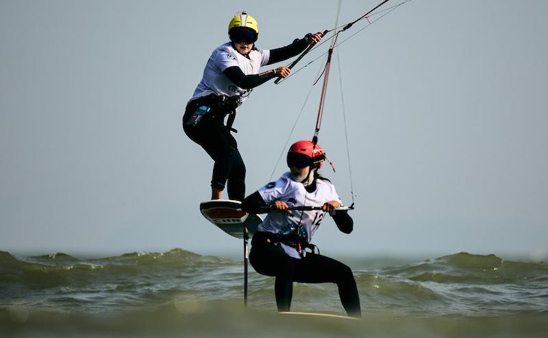 Riding high is Wan Li as she chases down Chenxue Liu in Race 6 - 2023 Formula Kite Asia & Oceania Championships - photo © IKA Media / Robert Hajduk