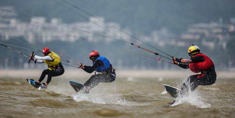 Vodisek (left) chased by Maeder and Huang (right) - 2023 KiteFoil World Series Final in Zhuhai, day 2 - photo © IKA Media / Robert Hajduk