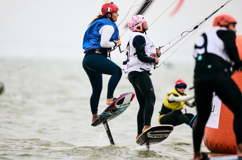 Lauriane Nolot (blue bib) struggled her way around the course - 2023 KiteFoil World Series Final in Zhuhai, Day 3 - photo © IKA Media / Robert Hajduk