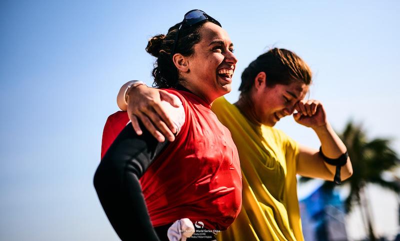 Sofia Tomasoni (left) beats Jingle Chen to silver after a protest - 2023 KiteFoil World Series Final in Zhuhai photo copyright IKA Media / Robert Hajduk taken at  and featuring the Kiteboarding class