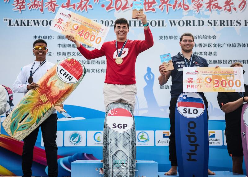 Qibin Huang (left) takes bronze behind Maeder and Vodisek - 2023 KiteFoil World Series Final in Zhuhai - photo © IKA Media / Robert Hajduk