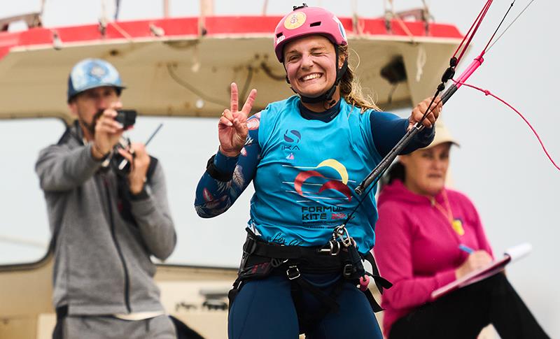 Poema Newland celebrates a win in the last race - 2024 Formula Kite European Championships photo copyright IKA media/ Robert Hajduk taken at  and featuring the Kiteboarding class