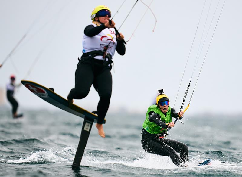 Ellie Aldridge (green) does her best to avoid Elena Lengwiler in the air - 2024 Formula Kite European Championships - photo © IKA media/ Robert Hajduk