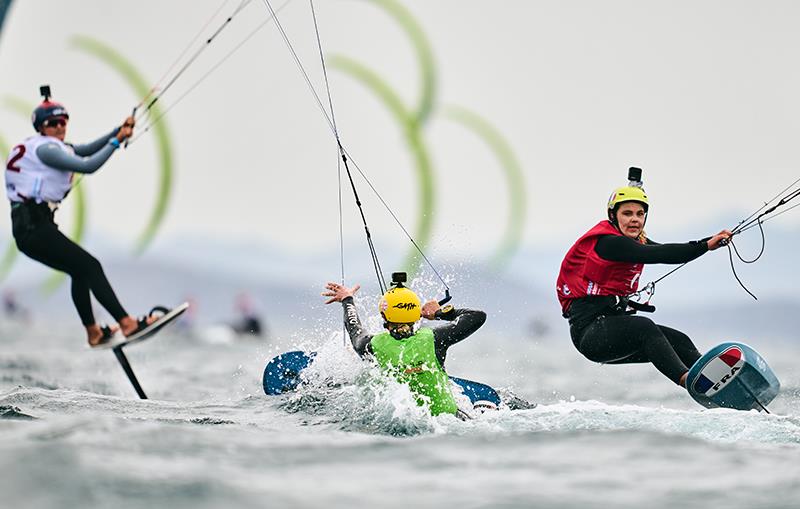 Ellie Aldridge in the water as Jessie Kampman (red) holds on - 2024 Formula Kite European Championships photo copyright IKA media/ Robert Hajduk taken at  and featuring the Kiteboarding class