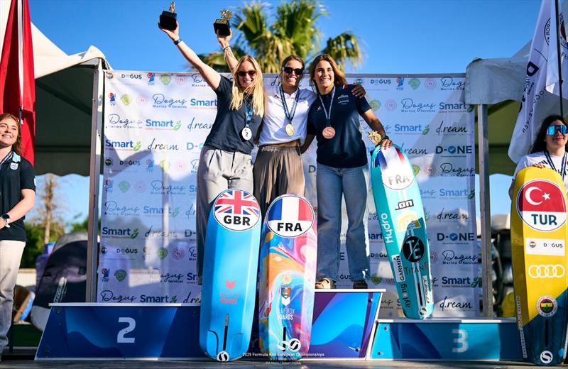 Nolot [FRA] shares the podium with silver medalist Young [GBR] and bronze medalist Caval [FRA] - photo © IKA Media / Robert Hajduk