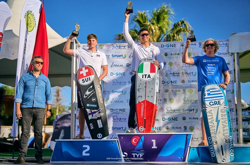 European Champion Pianosi [ITA] flanked by silver medalist Stragiotti [SUI] and bronze medalist Maramenides [GRE] - photo © IKA Media / Robert Hajduk