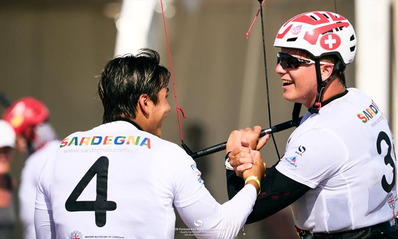 Karl Maeder (left) shares his port-tack stories with Gian Stragiotti - 2025 Formula Kite World Championships Quartu Sant'Elena - Day 1 - photo © IKA Media / Robert Hajduk