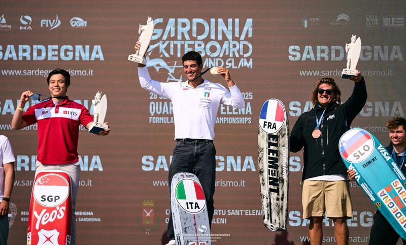 Men's podium - Maeder (silver), Pianosi (gold), Gomez (bronze) - 2025 Formula Kite Worlds Quartu Sant'Elena - photo © IKA Media / Robert Hajduk