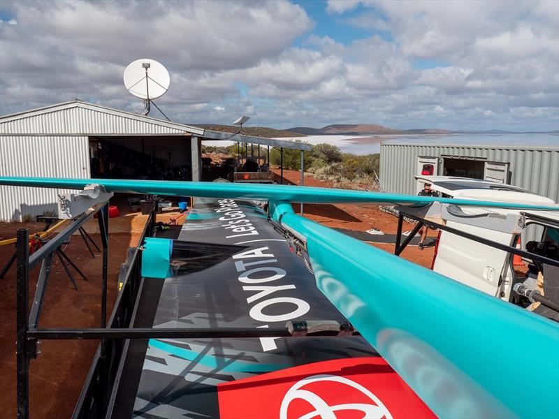 Checking and removing the salt-build up from the first run of Horonuku on Lake Gairdner - Wind powered land speed record - South Australia - October 2022 photo copyright Emirates Team NZ taken at Royal New Zealand Yacht Squadron and featuring the Land Yacht class