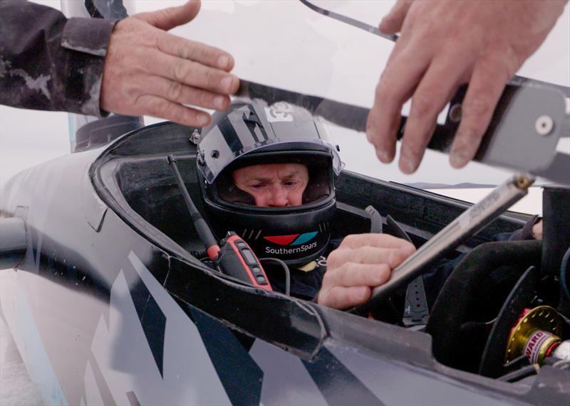 Glenn Ashby pilot of Emirates Team New Zealand's land yacht designed to beat the wind powered land speed world record attempt at South Australia's Lake Gairdner photo copyright Emirates Team New Zealand / James Somerset taken at Royal New Zealand Yacht Squadron and featuring the Land Yacht class