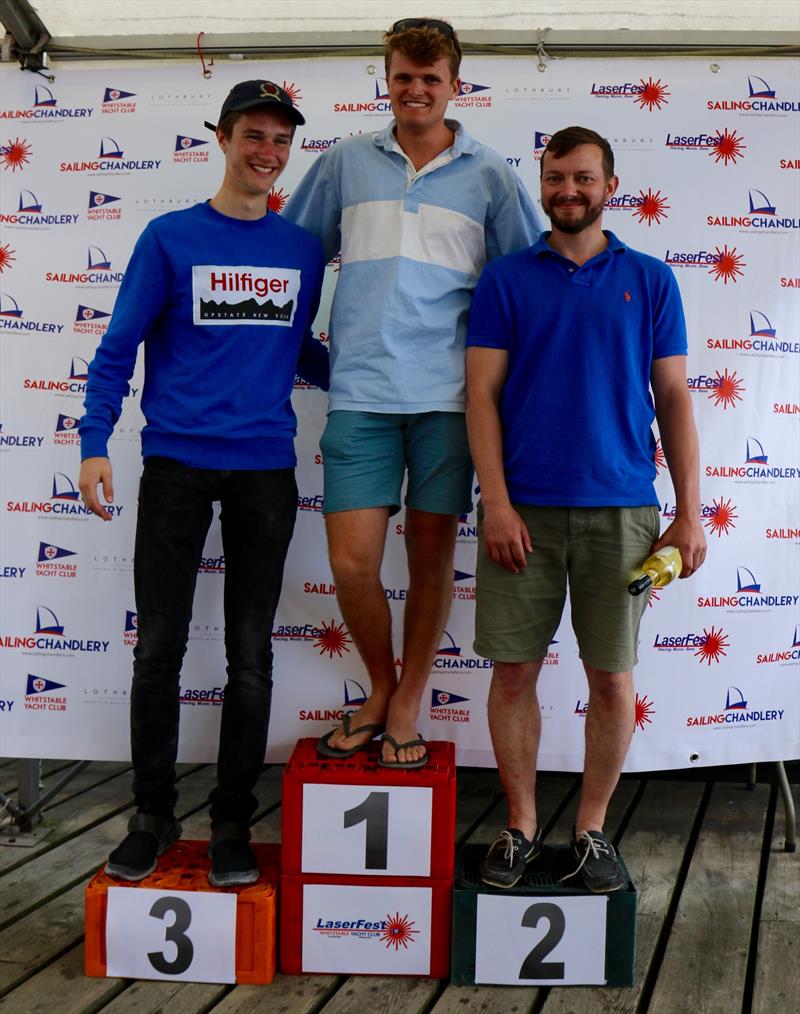 The podium: 1st Olly Cage-White, 2nd James Goodfellow 3rd Pierce Seward during Laserfest 2019 at Whitstable photo copyright Nicky Whatley taken at Whitstable Yacht Club and featuring the ILCA 7 class