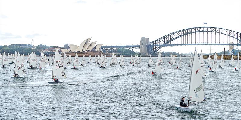 ILCA Laser 50th anniversary celebrations in Sydney Harbour photo copyright AeroMedia taken at Double Bay Sailing Club and featuring the ILCA 7 class