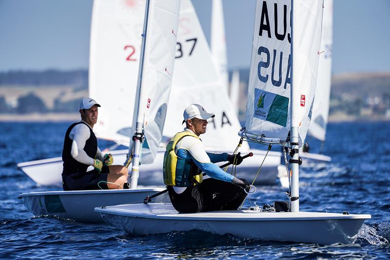 Champions Tom Burton and Matthew Wearn head the Laser fleet at the nationals being sailed on Bass Strait photo copyright Beau Outteridge taken at Royal Yacht Club of Tasmania and featuring the ILCA 7 class
