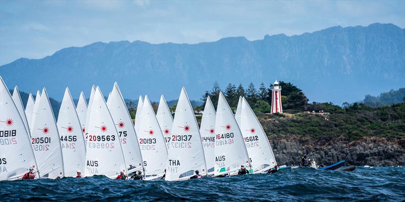 The Laser fleet starting in Bass Strait of Mersey Bluff, Devonport, Tasmania on Saturday - Laser Oceania and Australian Championship 2019 photo copyright Beau Outteridge taken at Royal Yacht Club of Tasmania and featuring the ILCA 7 class