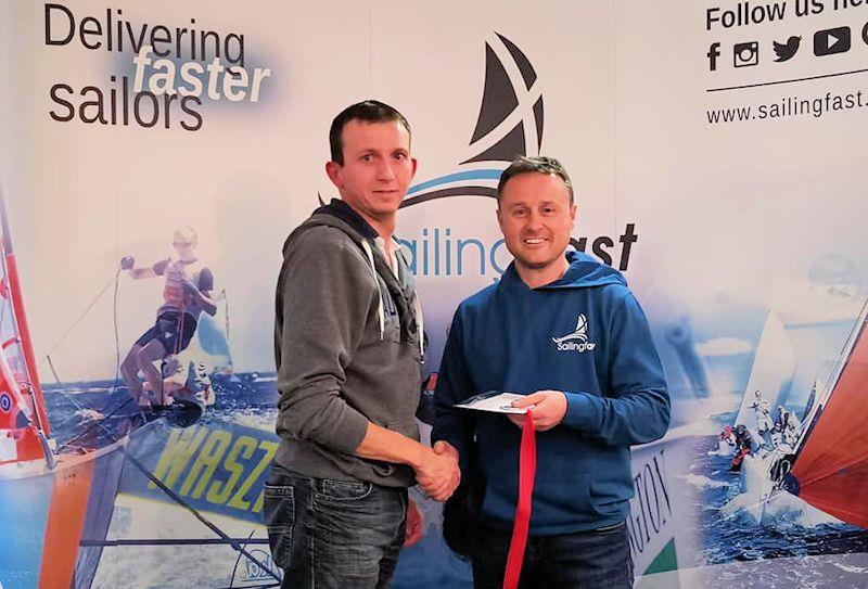 Joe Scurrah takes second in the Noble Marine Laser Standard Inland Championships at Grafham, with prize presented by Duncan Hepplewhite of Sailingfast - photo © Guy Noble