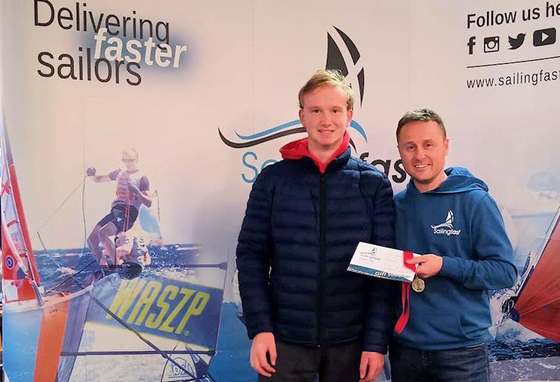 Paul Graham is first Under 19 in the Noble Marine Laser Standard Inland Championships at Grafham, with prize presented by Duncan Hepplewhite of Sailingfast - photo © Guy Noble