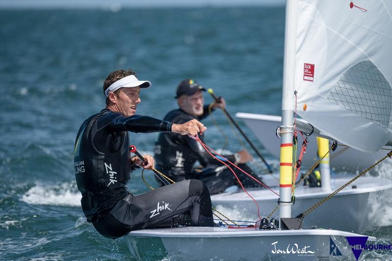 Luke Elliot Foreground - Finn Alexander Background - 2020 Laser Men's Standard World Championships photo copyright Jon West Photography taken at Sandringham Yacht Club and featuring the ILCA 7 class