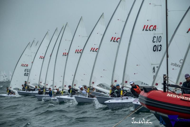 Lasers on the start line - 2020 Oceania and Australian Laser Masters Championships photo copyright Jon West Photography taken at Royal Geelong Yacht Club and featuring the ILCA 7 class